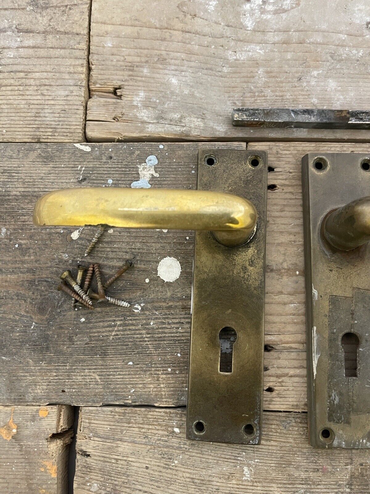 Pair Of Reclaimed Antique Old Brass Door Handles