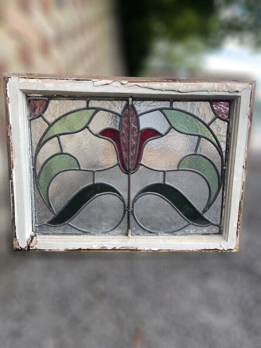Reclaimed Leaded Light Stained Glass Art Nouveau Wooden Window Panel