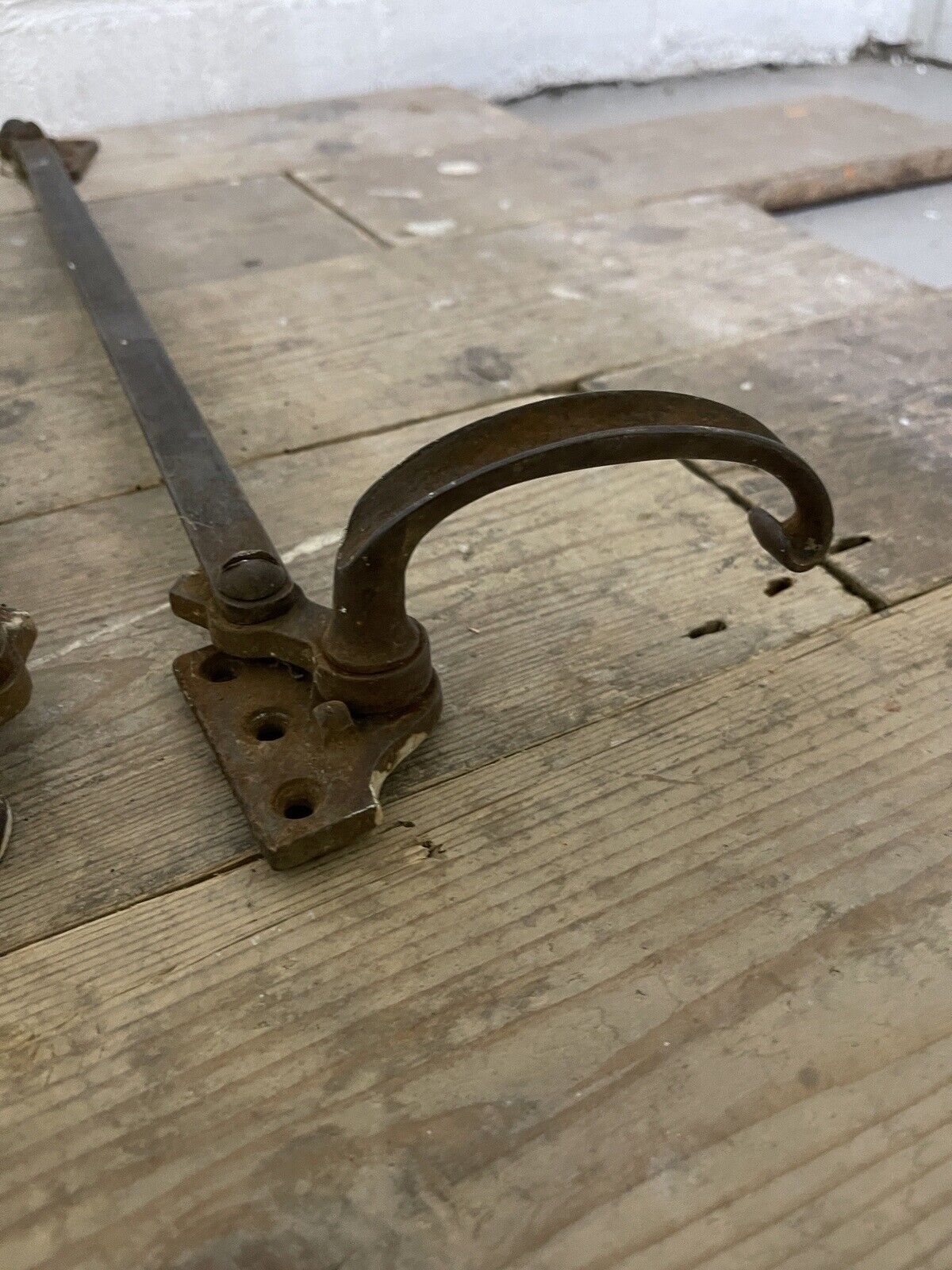 Large Pair Of Reclaimed Antique Old Cast Iron Window Handles and a Stay