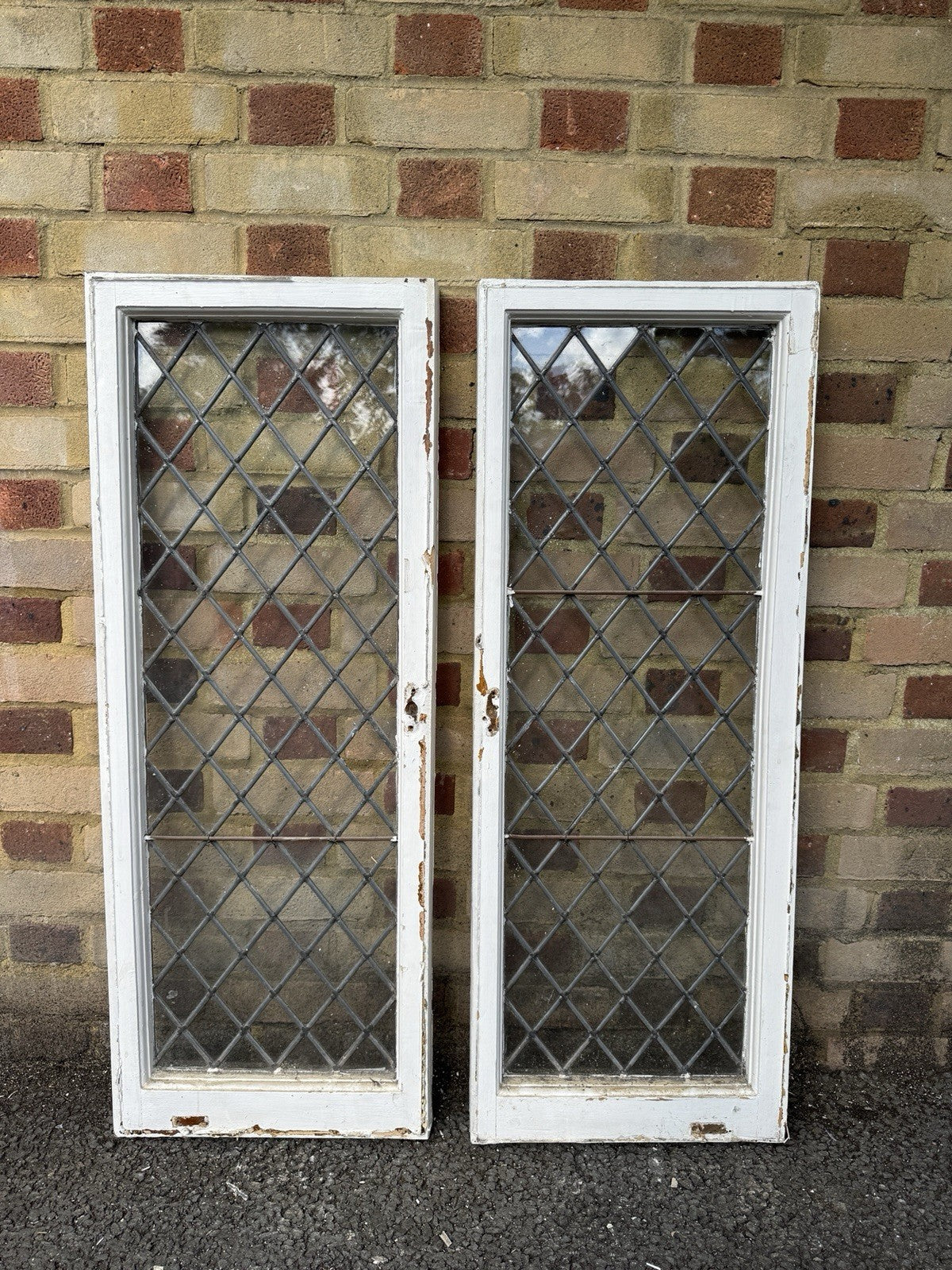 Pair Of Reclaimed Old Leaded Light Wooden Windows 1077 x 410mm 1075 x ...