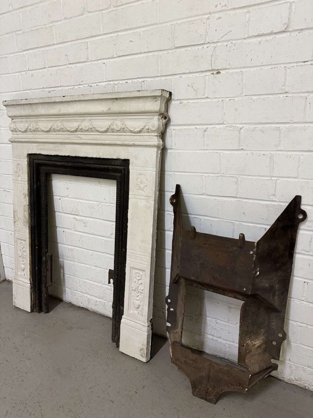 Antique Reclaimed Victorian Edwardian Cast Iron Distressed Fireplace Mantle