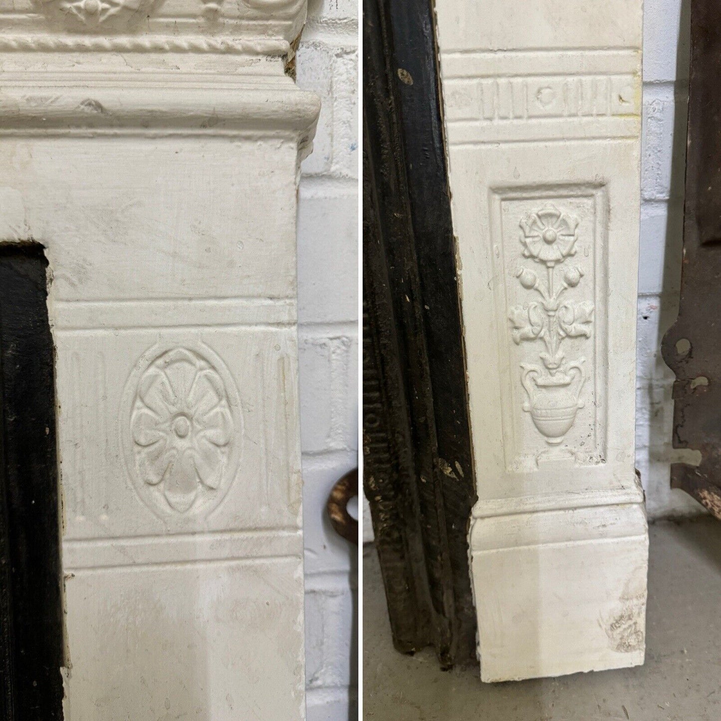 Antique Reclaimed Victorian Edwardian Cast Iron Distressed Fireplace Mantle