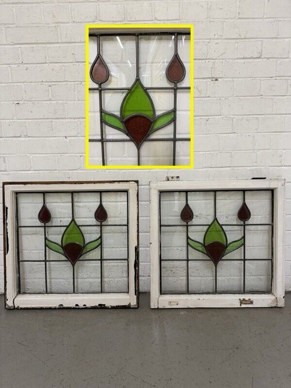 Pair Of Reclaimed Leaded Light Stained Glass Window Panels 605 x 580mm 600 x 575