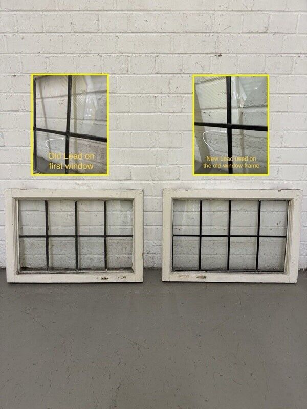 Pair Of Reclaimed Old Leaded Light Panel Wooden Windows 635 x 440mm