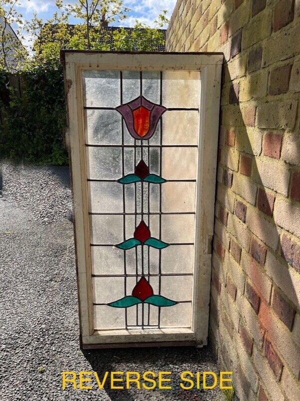 Reclaimed Leaded Light Stained Glass Art Nouveau Window Panel 1325mm x 620mm