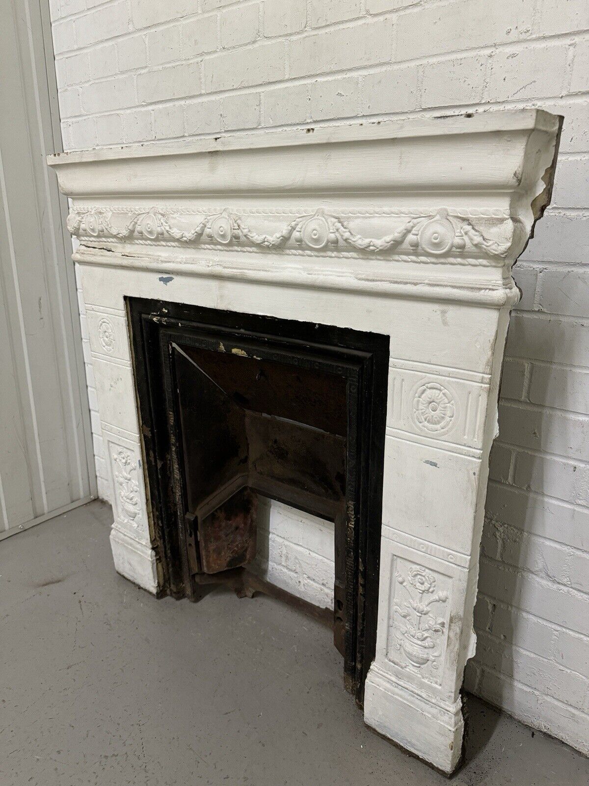 Antique Reclaimed Victorian Edwardian Cast Iron Distressed Fireplace Mantle