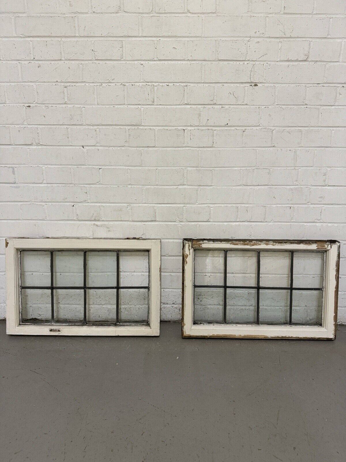 Pair Of Reclaimed Old Leaded Light Panel Wooden Windows 635 x 400mm 640 x 405mm