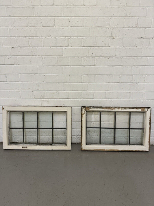 Pair Of Reclaimed Old Leaded Light Panel Wooden Windows 635 x 400mm 640 x 405mm