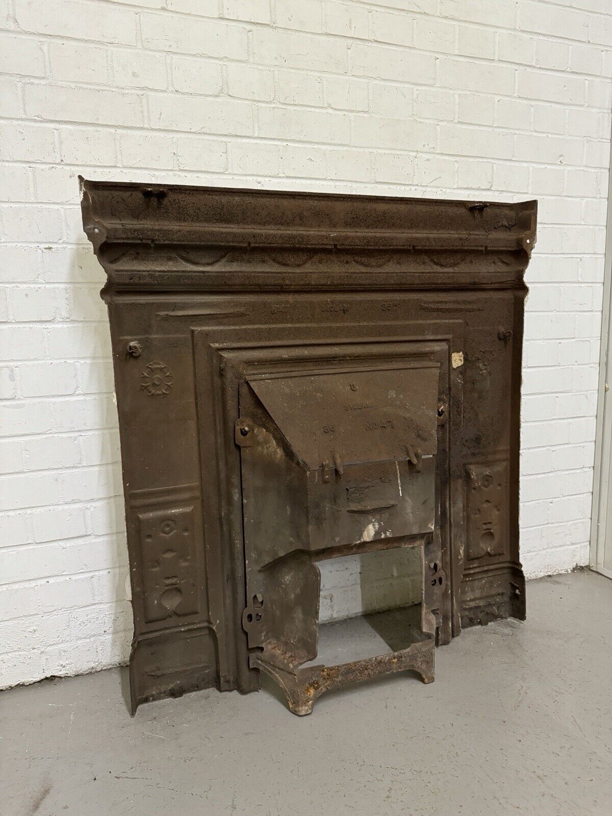 Antique Reclaimed Victorian Edwardian Cast Iron Distressed Fireplace Mantle