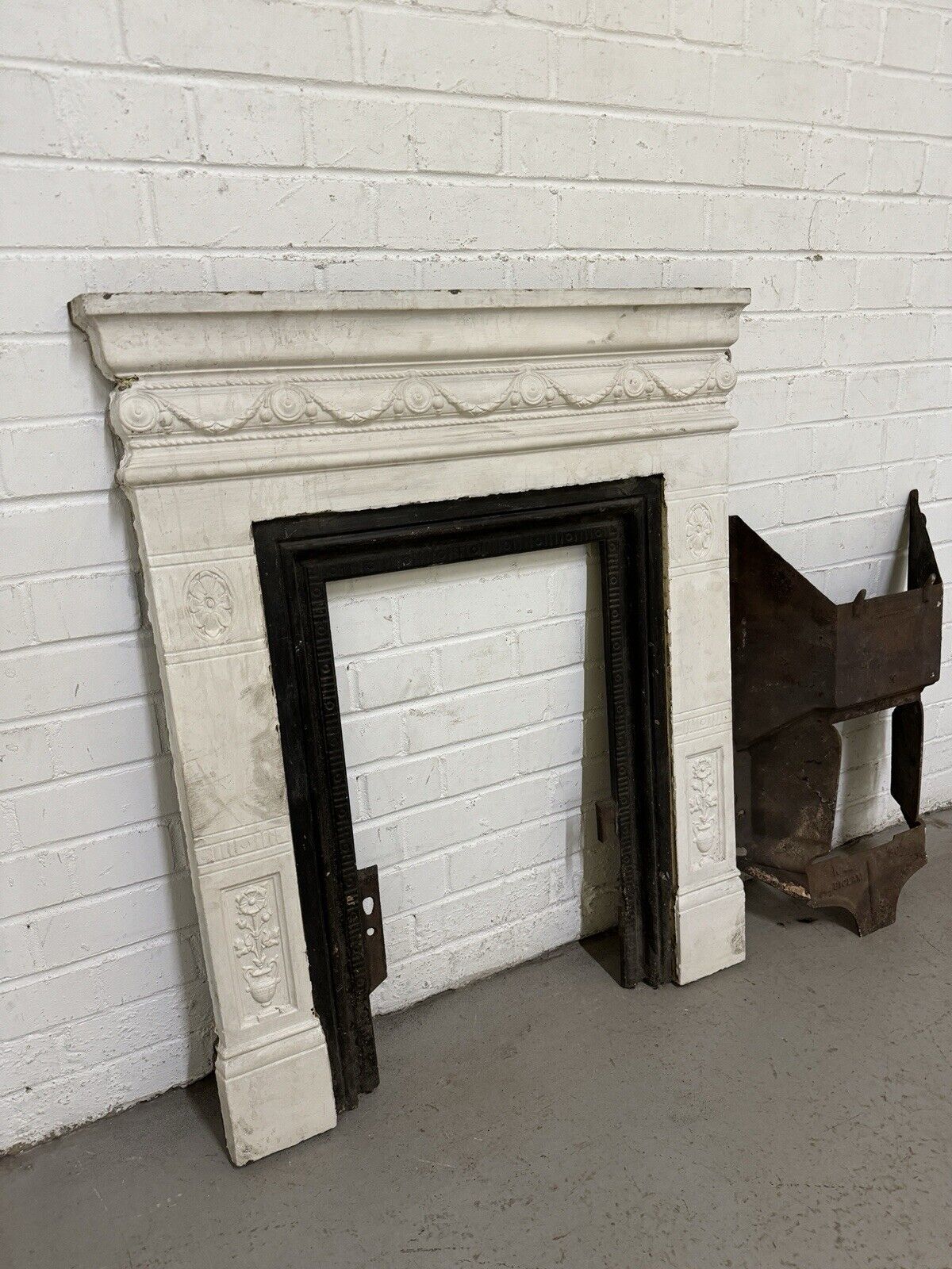 Antique Reclaimed Victorian Edwardian Cast Iron Distressed Fireplace Mantle