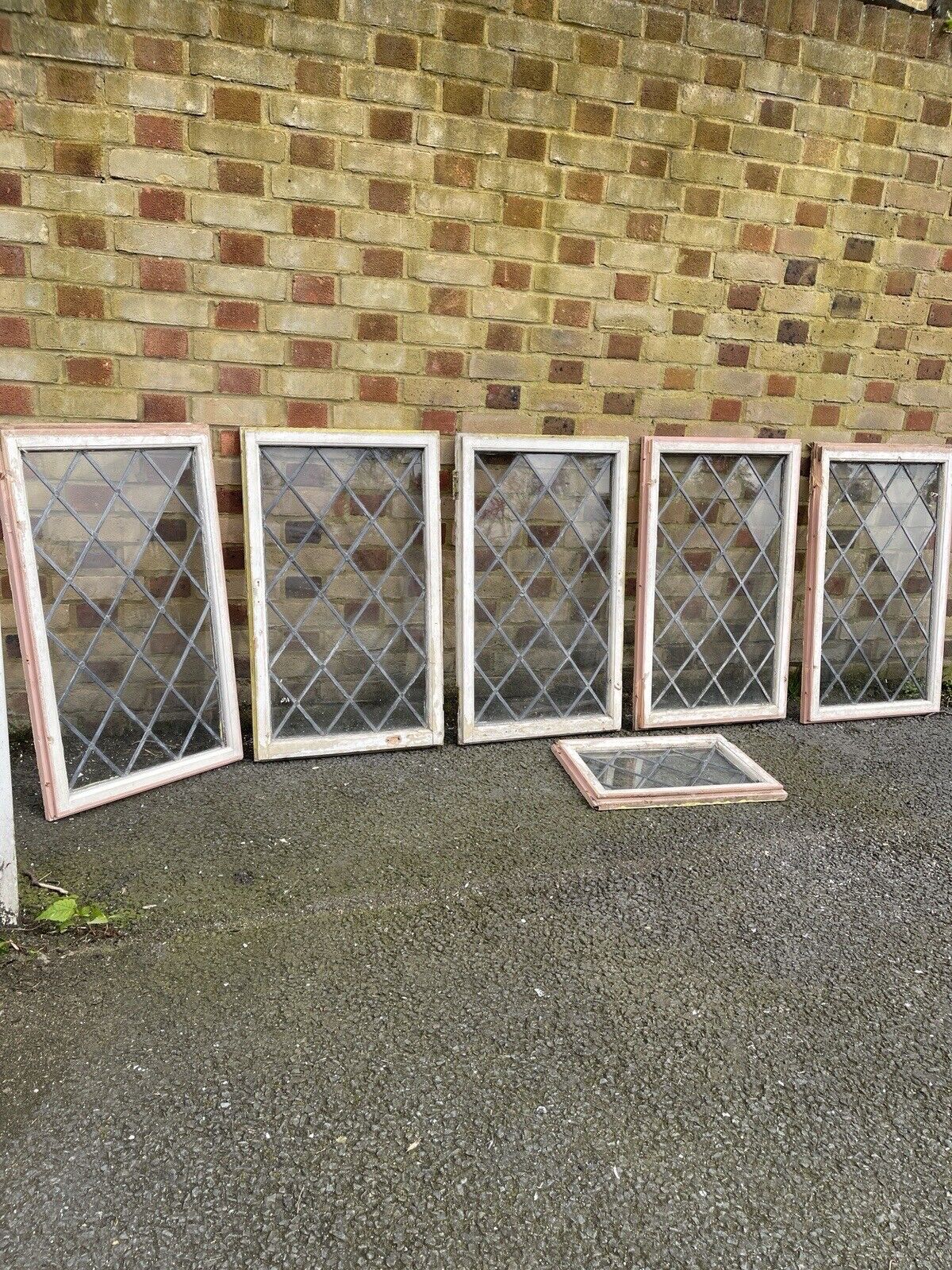 Job Lot Of 6 Reclaimed Leaded Light Diamond Panel Wooden Windows