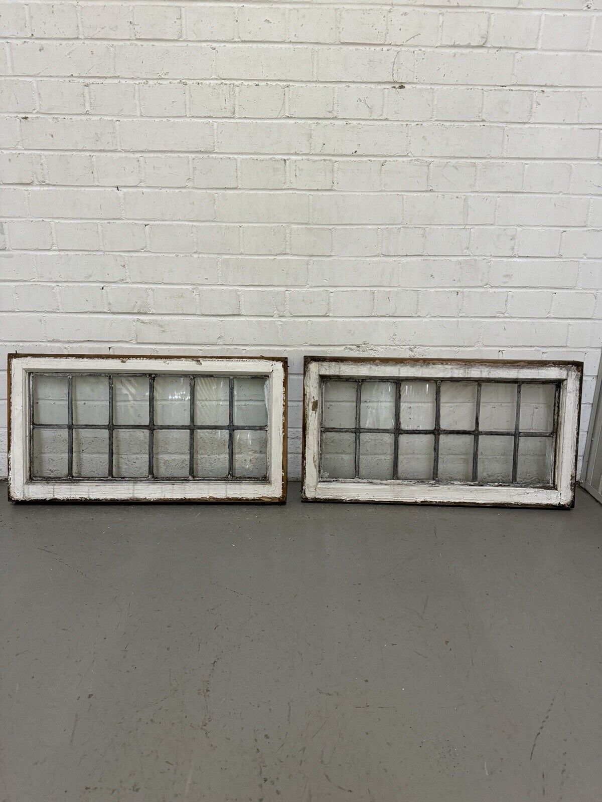 Pair Of Reclaimed Old Leaded Light Panel Wooden Windows 375 x 700mm 375 x 705mm