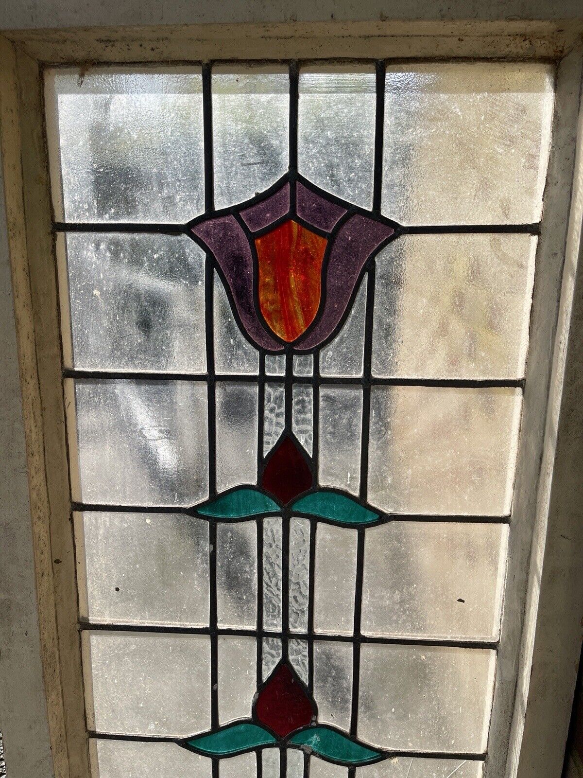 Reclaimed Leaded Light Stained Glass Art Nouveau Window Panel 1325mm x 620mm