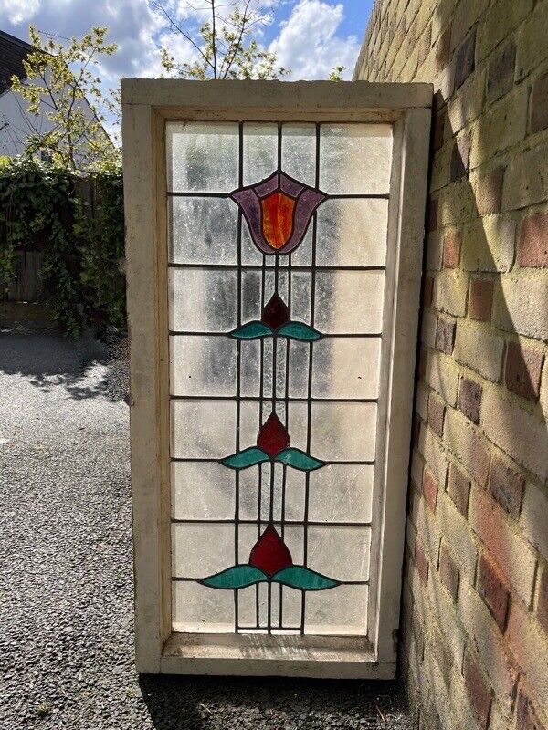 Reclaimed Leaded Light Stained Glass Art Nouveau Window Panel 1325mm x 620mm