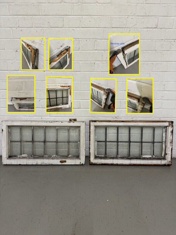 Pair Of Reclaimed Old Leaded Light Panel Wooden Windows 373 x 700mm 375 x 705mm