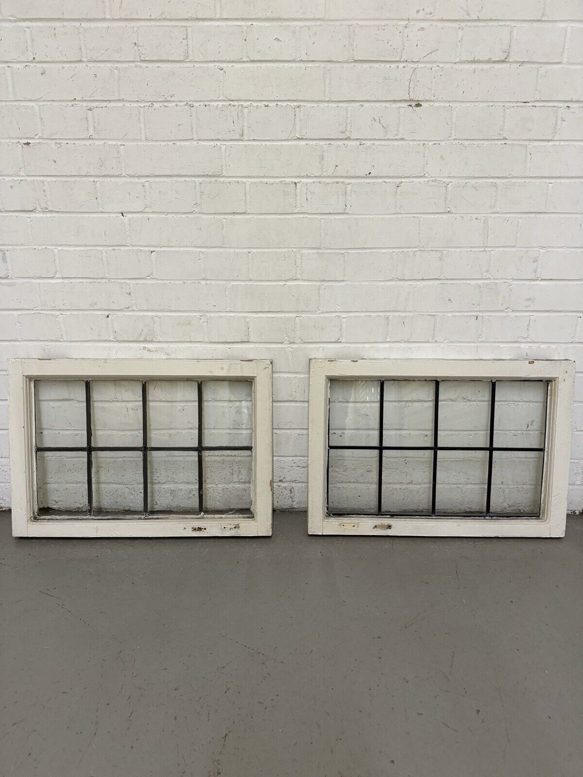 Pair Of Reclaimed Old Leaded Light Panel Wooden Windows 635 x 440mm