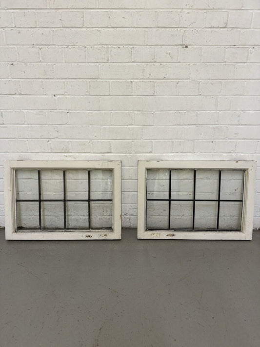 Pair Of Reclaimed Old Leaded Light Panel Wooden Windows 635 x 440mm