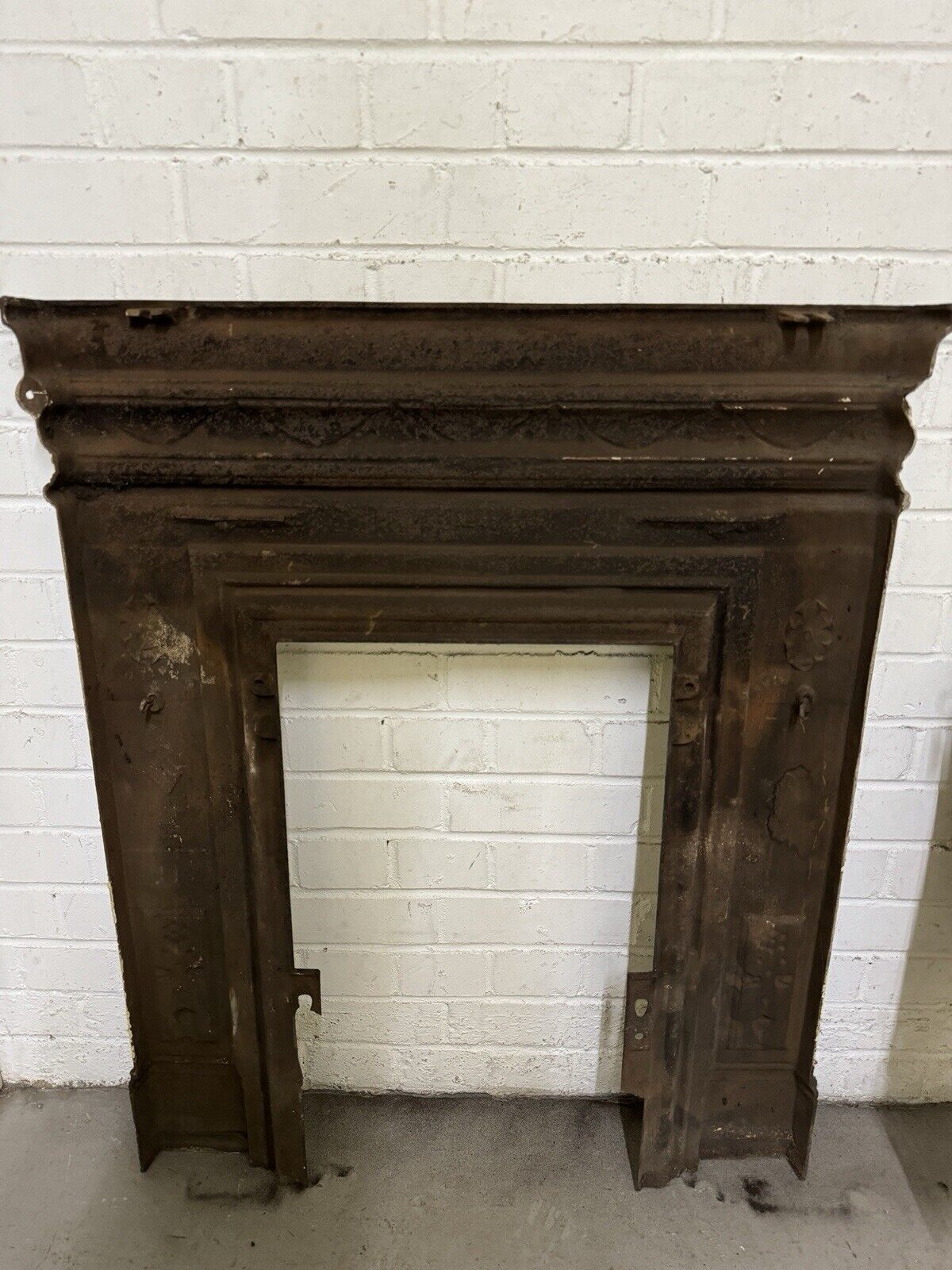 Antique Reclaimed Victorian Edwardian Cast Iron Distressed Fireplace Mantle