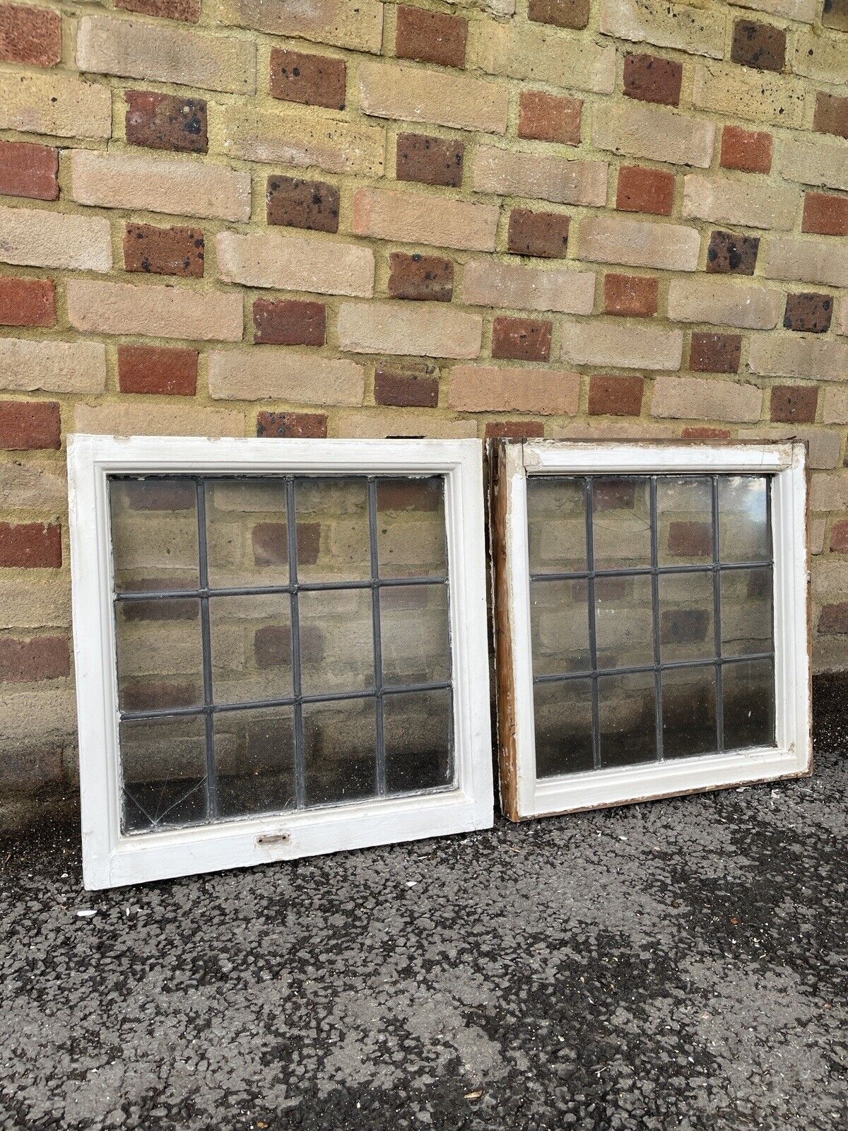 Pair Of Reclaimed Leaded Light Panel Wooden Windows