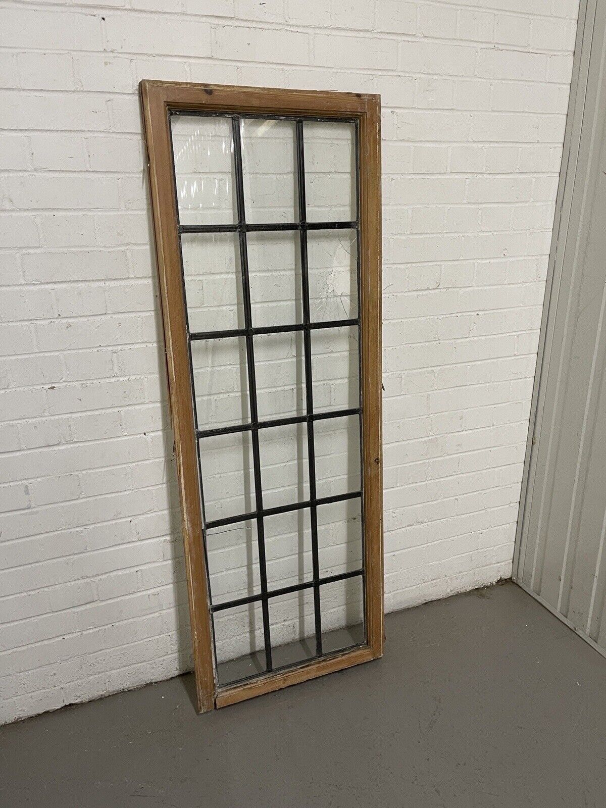 Pair Of Large Reclaimed Leaded Light Panel Wooden Windows 555mm x 1543mm