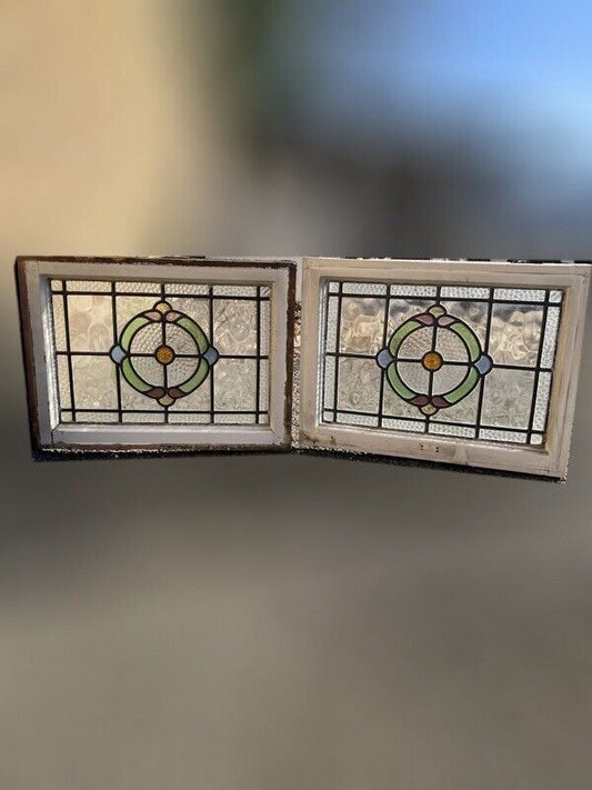 Pair Of Reclaimed Leaded Light Stained Glass Art Nouveau Wooden Window Panels