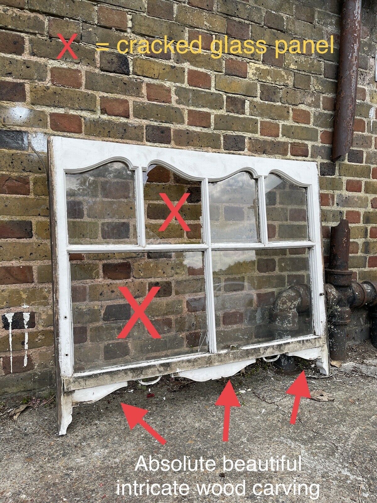 Reclaimed Old Edwardian Arch Panel Wooden Sash Window Rare Wood Carving