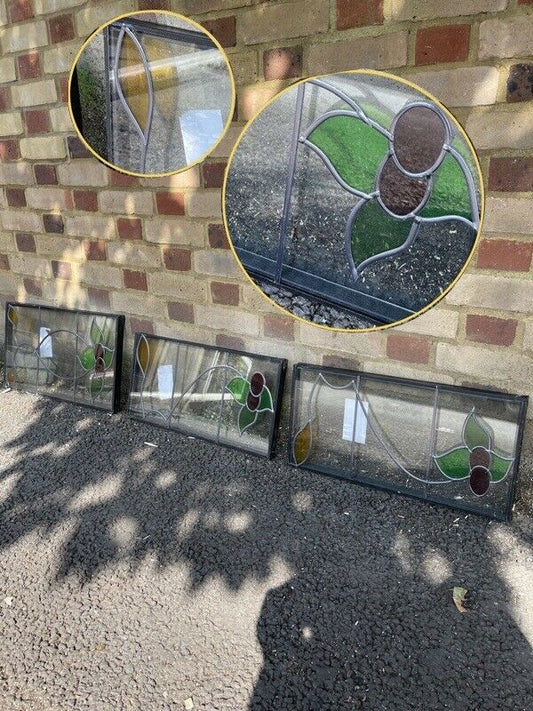 Job Lot Of Three Leaded Light Double Glazed Floral Stained Glass Panels