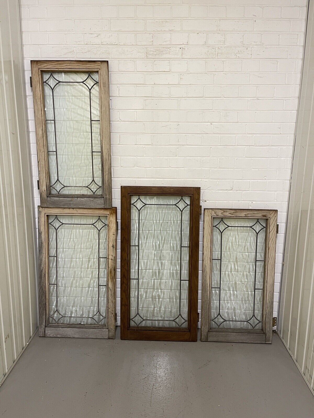 Job Lot Of Four Double Glazed Leaded Trim Oak Wooden Windows Various Sizes