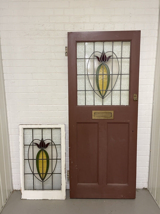 Reclaimed Victorian Wooden Panel Front Door With Stained Glass 1970mm x 810mm