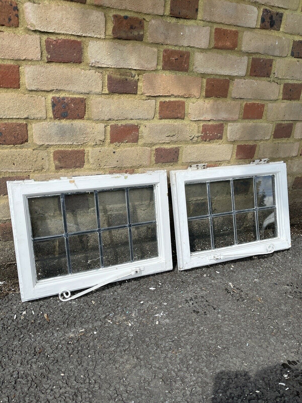 Pair Of Reclaimed Leaded Light Panel Wooden Windows