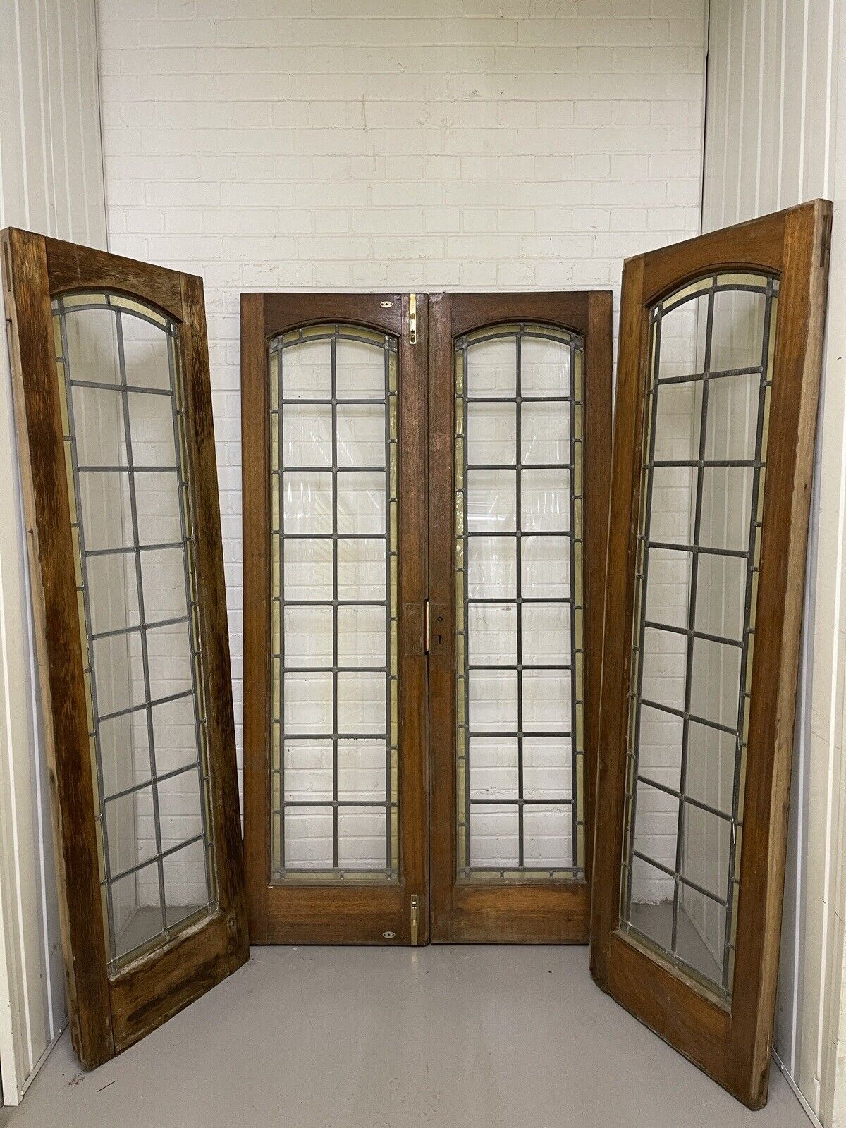 Reclaimed French Leaded Single Panel Glass Wooden Double Doors With Side Panels