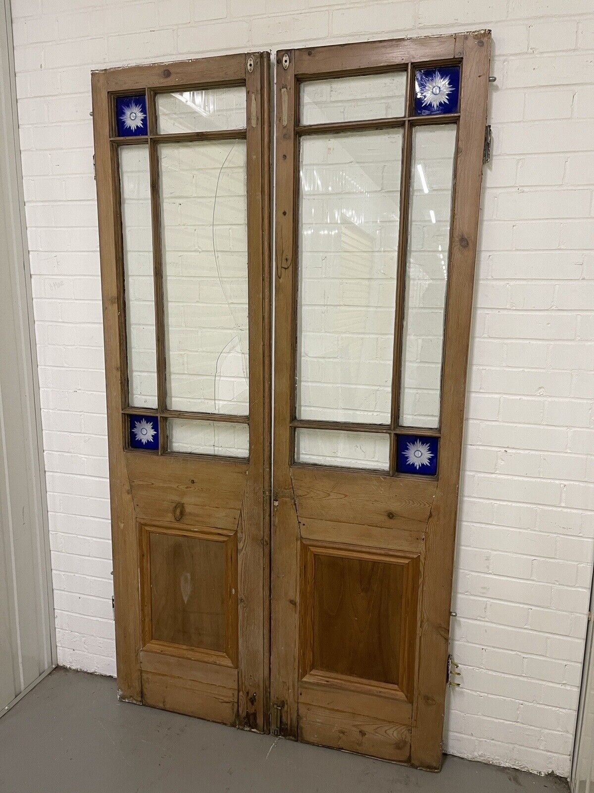 Reclaimed Old French Single Panel Glass Wooden Double Doors 2045mm x 1110mm