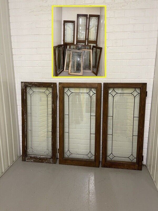Job Lot Of Three Double Glazed Leaded Trim Oak Wooden Windows Various Sizes
