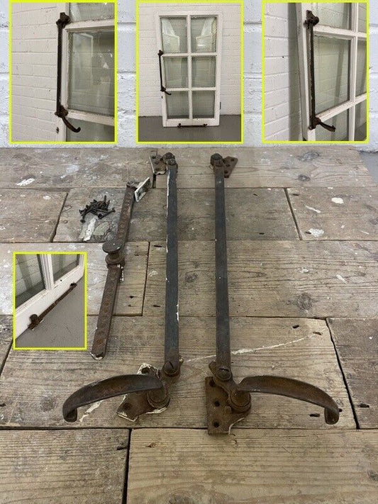 Large Pair Of Reclaimed Antique Old Cast Iron Window Handles and a Stay