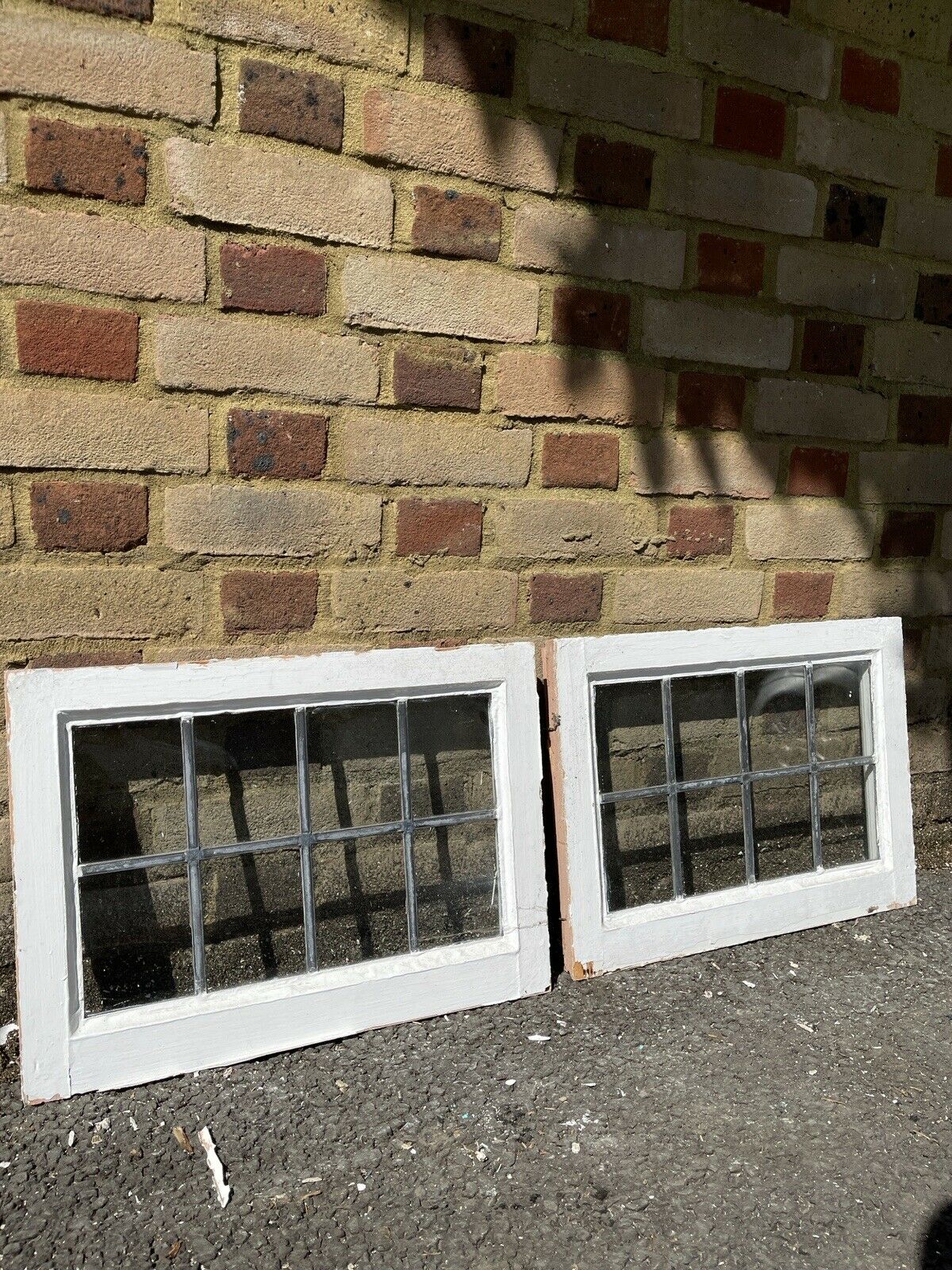 Pair Of Reclaimed Leaded Light Panel Wooden Windows