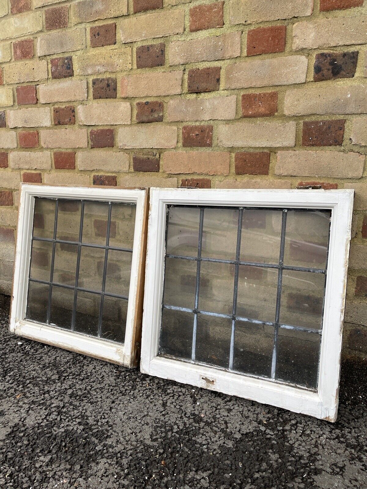 Pair Of Reclaimed Leaded Light Panel Wooden Windows