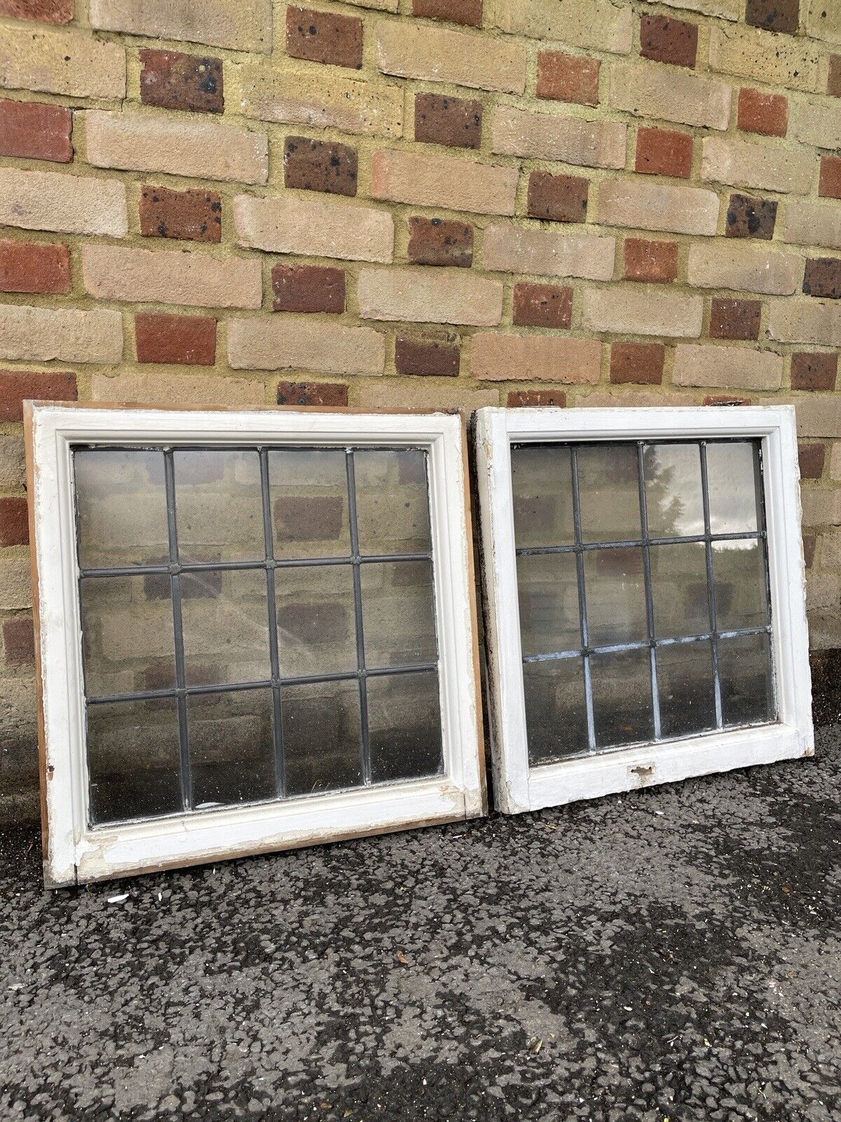 Pair Of Reclaimed Leaded Light Panel Wooden Windows