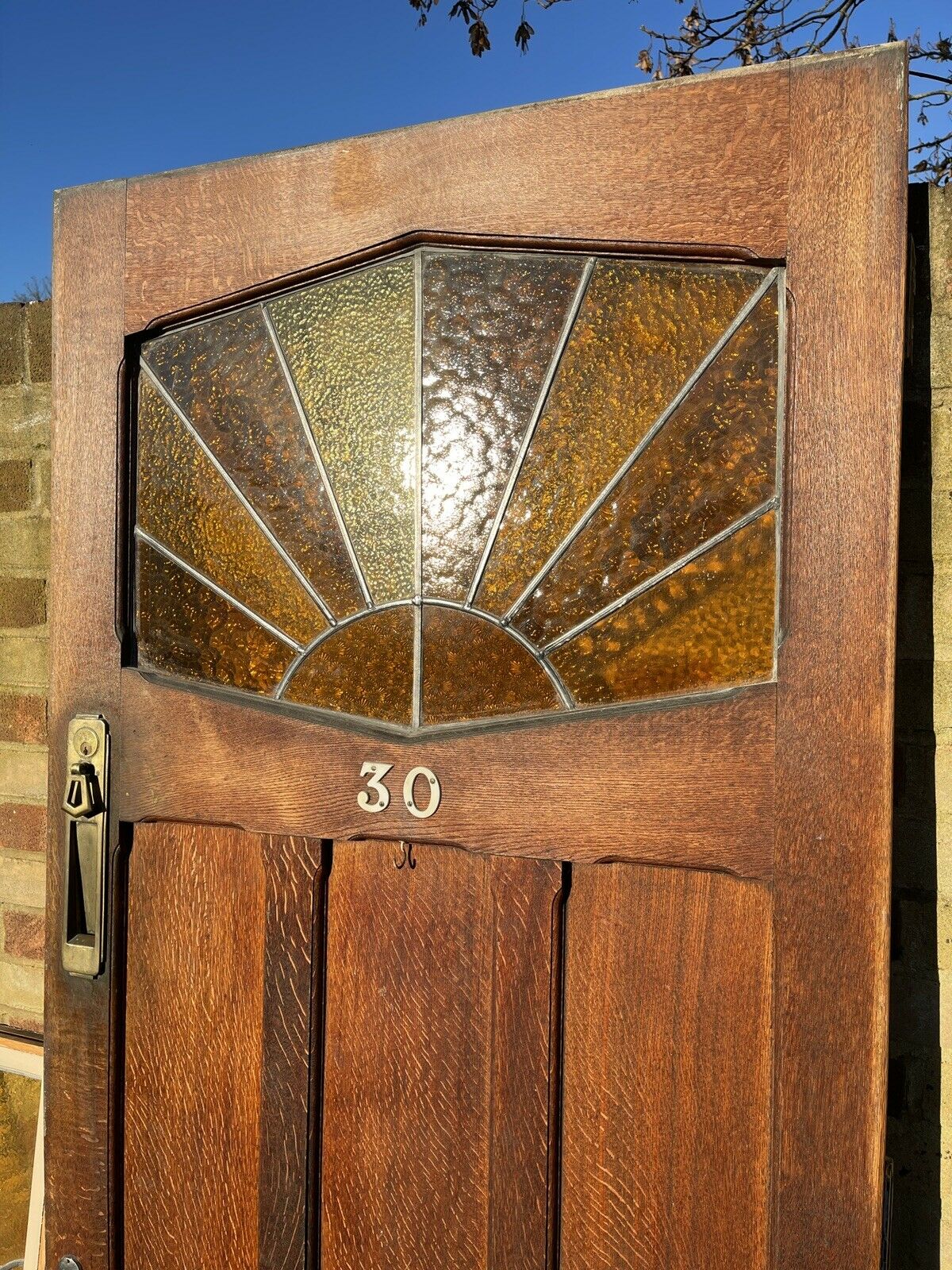 Reclaimed Edwardian Oak Wooden Panel Front Door Side Panel Sunrise Stained Glass