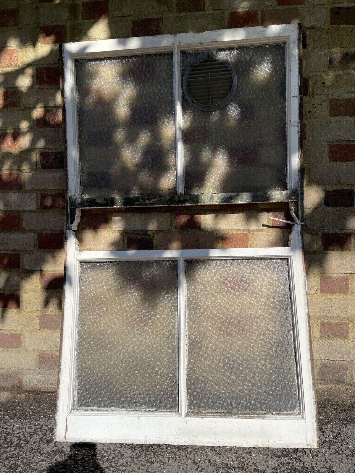 Pair Of Reclaimed Old Victorian Wooden Panel Sash Windows Muranese Glass