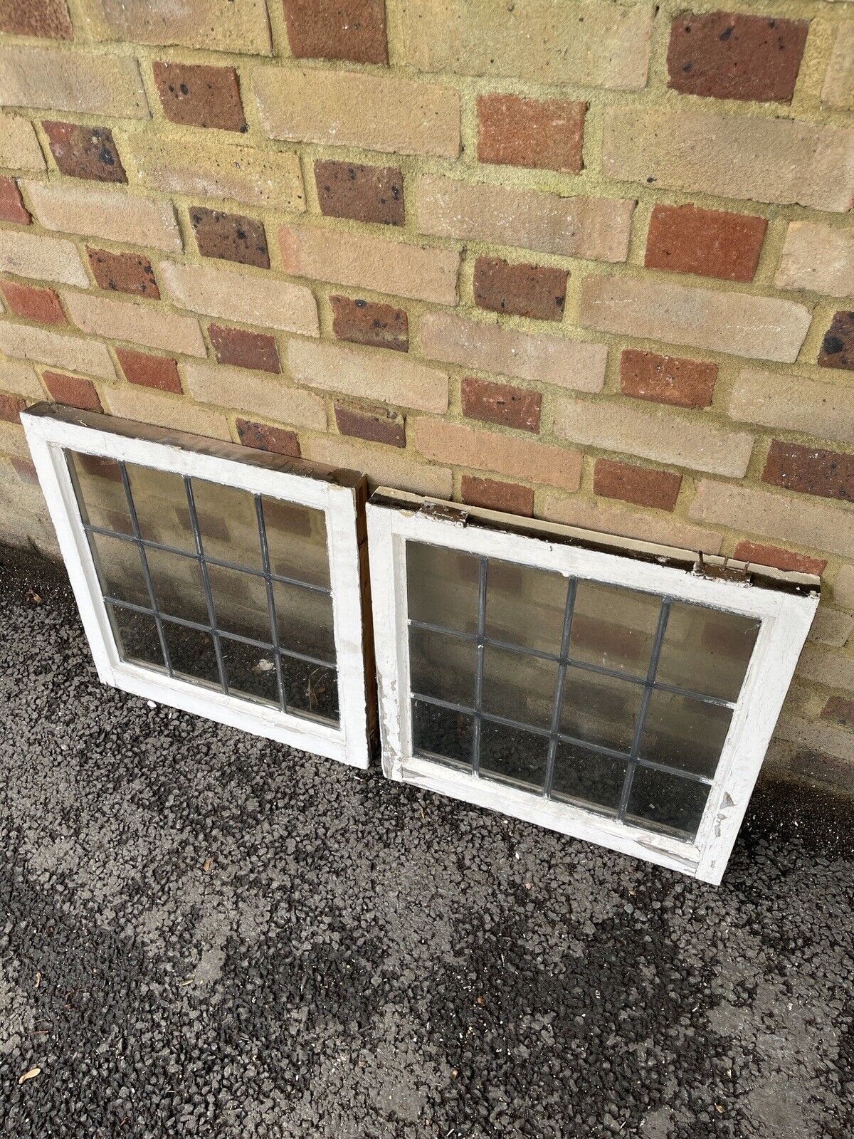 Pair Of Reclaimed Leaded Light Panel Wooden Windows