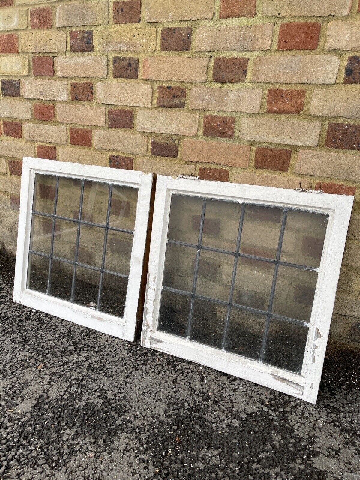 Pair Of Reclaimed Leaded Light Panel Wooden Windows