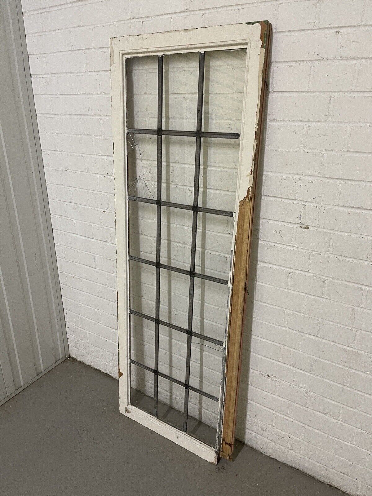 Pair Of Large Reclaimed Leaded Light Panel Wooden Windows 555mm x 1543mm