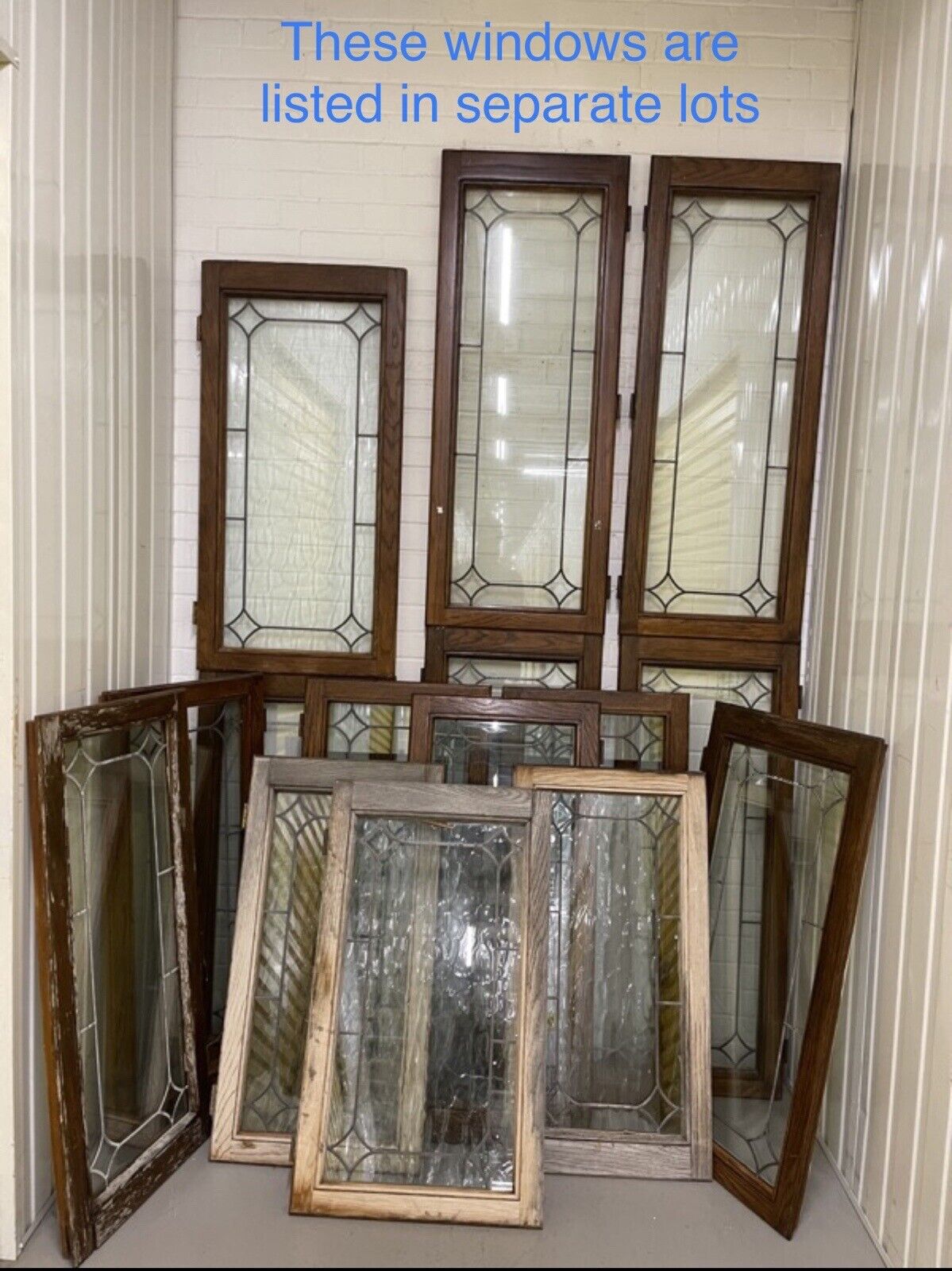 Job Lot Of Three Double Glazed Leaded Trim Oak Wooden Windows Various Sizes
