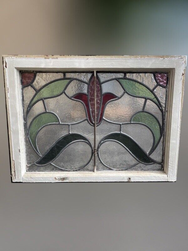 Reclaimed Leaded Light Stained Glass Art Nouveau Wooden Window Panel