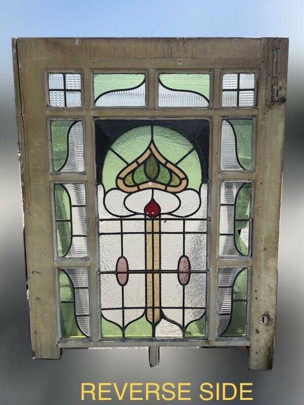 Reclaimed Leaded Light Stained Glass Art Nouveau Wooden Window Panel