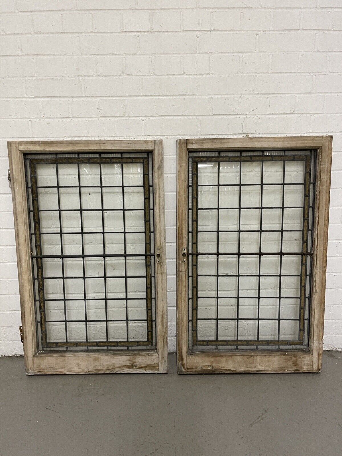 Pair Of Reclaimed Leaded Light Stained Glass Wooden Window Panels