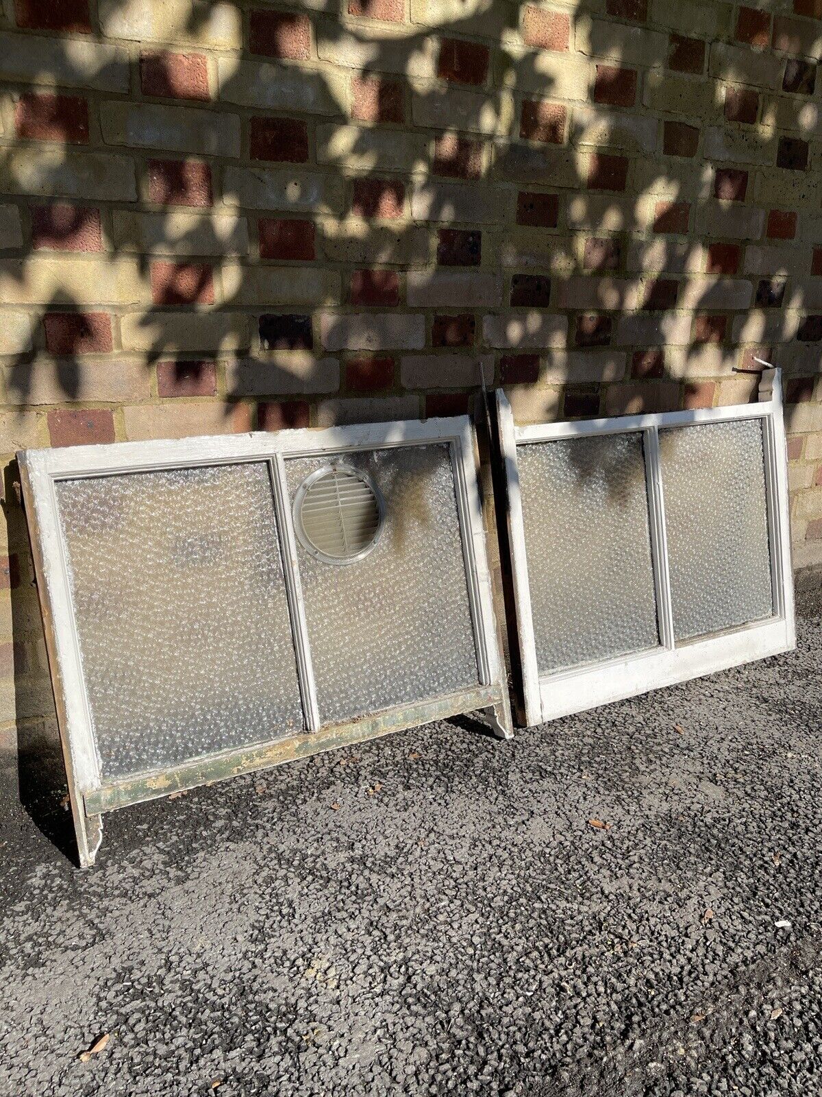 Pair Of Reclaimed Old Victorian Wooden Panel Sash Windows Muranese Glass