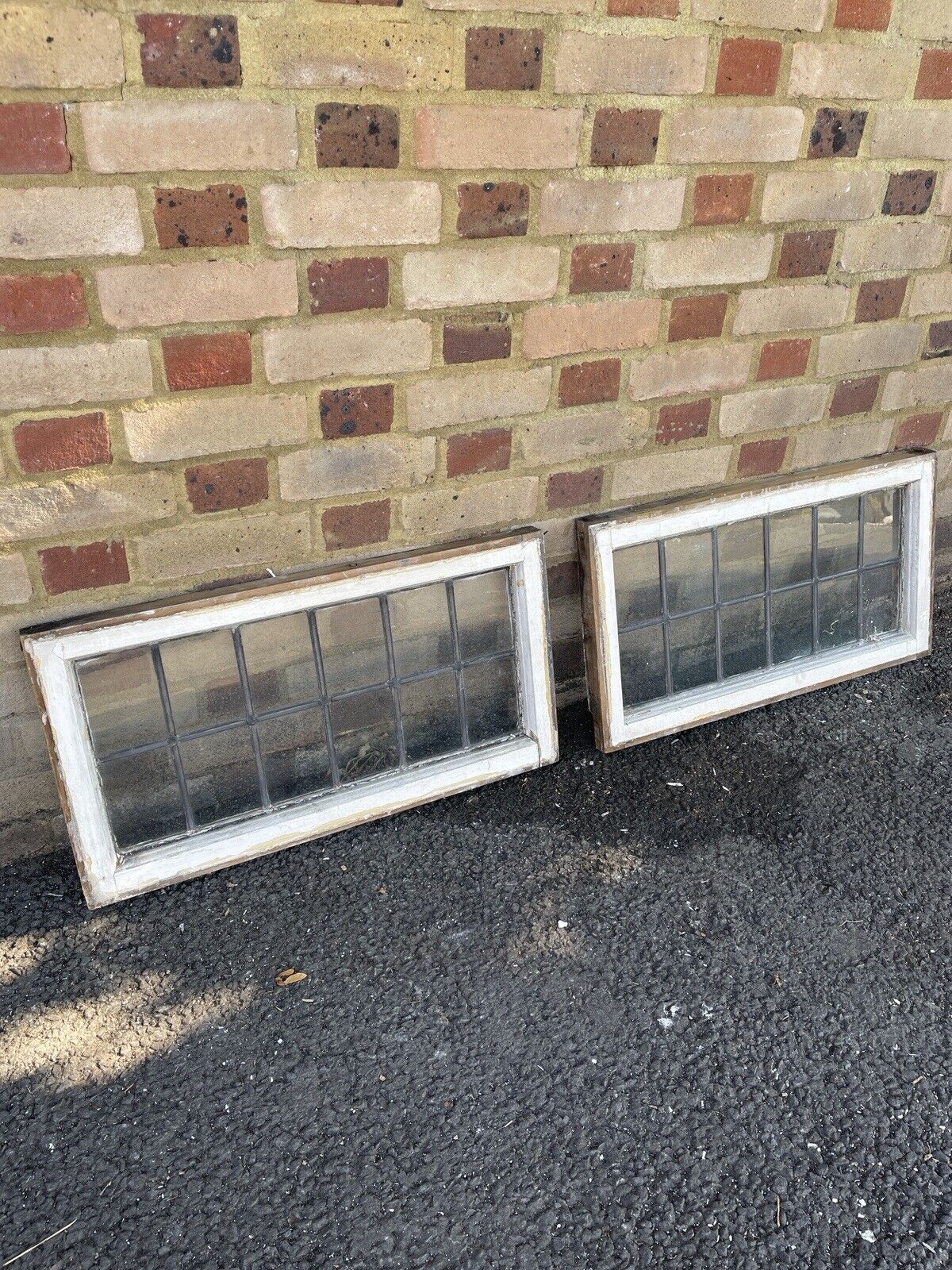 Pair Of Reclaimed Leaded Light Panel Wooden Windows