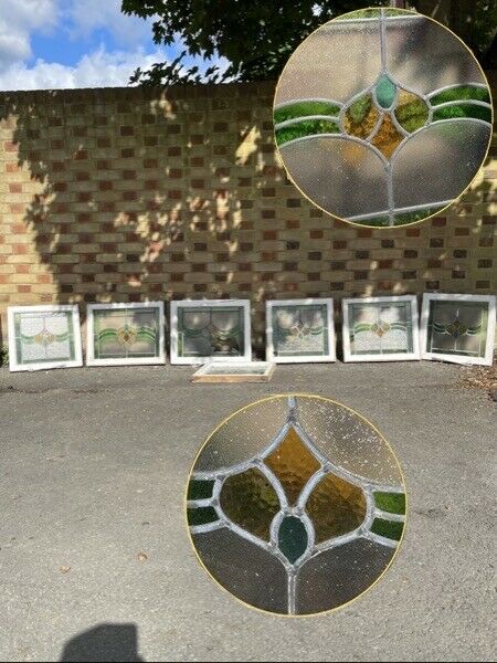 Seven Reclaimed Leaded Light Stained Glass Art Nouveau Wooden Window Panels