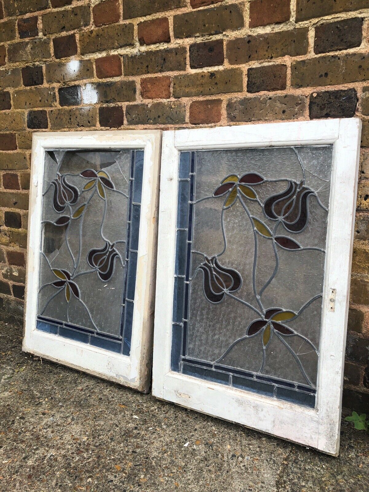 Pair Of Reclaimed Leaded Light Stained Glass Wooden Window Panels RESTORATION